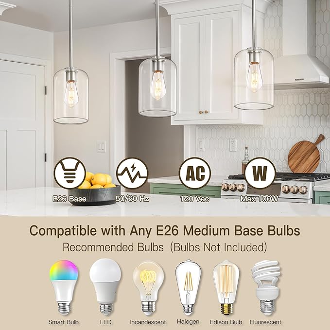 Brushed Nickel Pendant Light Fixtures, 6 Inch Clear Glass Shade Modern Farmhouse Pendant Lights Kitchen Island, Industrial Hanging Light Fixture Adjustable Stem Rod for Over Sink