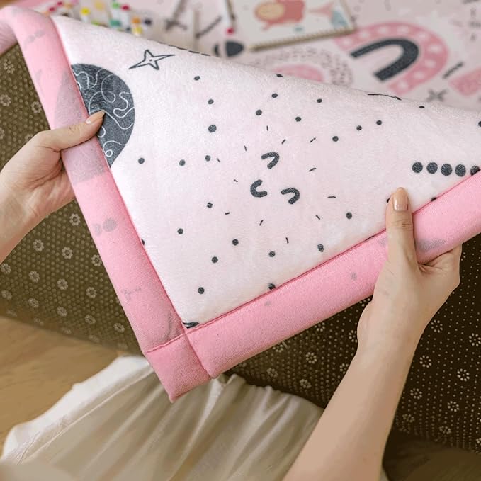 Loartee Rainbow Kids Play Mat - 78"x94" Soft Coral Velvet Memory Foam Tummy Time Rug, Pink