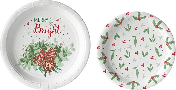 Traditional Christmas Tableware Pack: Disposable Paper Plates, Napkins and Cups Set for 20