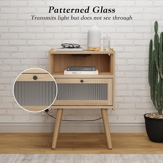 Mid Century Modern Nightstand with Charging Station, Bedside Tables with Glass Door, End Table Side Table with 2 Tiers Storage Space, for Bedroom, Living Room, Natural