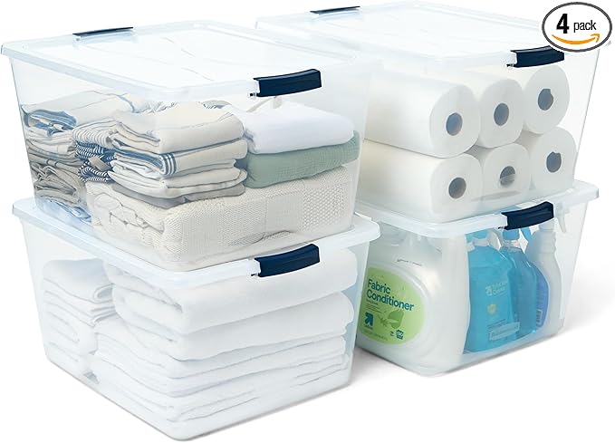 Rubbermaid Cleverstore 74 Qt Clear Storage Bins with Lids, 4-Pack, Stackable, BPA-Free, Made in USA