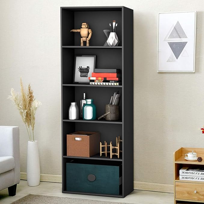 Tangkula 5-Tier Bookcase, 67” Tall Freestanding Bookshelf with 5 Open Shelves, Anti-Toppling Kits, Floor Display Storage Organizer for Living Room, Study, Kitchen, Home & Office (Black, 67" H)