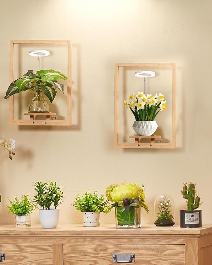 yadoker Wall Planters for Indoor Plants,Bamboo Hanging Plant Holders, Wall Decor Plant Stand, 2-Pack Window Plant Shelves with Plant Light> for Living Room & Entryway