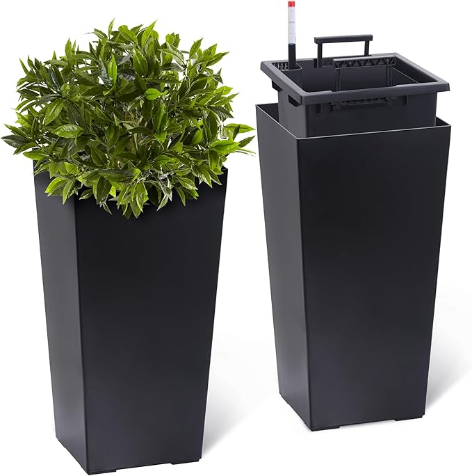 GAOMON 23" Tall Planters Set of 2, Outdoor＆Indoor Black Planter Pots, High Front Porch Planter Pots with Drainage Holes＆Water Level Monitor＆Inner Bucket, Automatic Watering, Convenience Instill