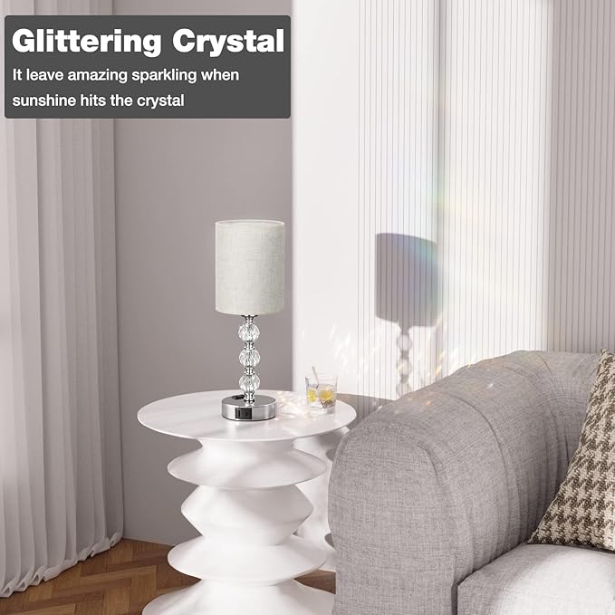 White Touch Bedside Lamps for Bedrooms - Crystal Table Lamp with USB C+A Charging Port and AC Outlet Nightstand, 3 Way Dimmable Silver Small End Side Table Lamp for Living/Guest/Dinning Room/Kitchen