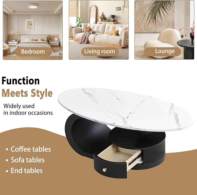 Marble Nesting Coffee Table Set of 2,Modern Oval Center Tea Table and Round Side Nightstand Set w/Drawer andFaux Marble Top and Metal Frame for Living Room Accent Furniture (Black White)
