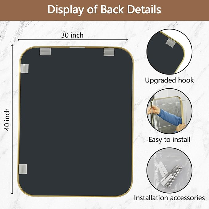 40x30 Inch Gold Mirror, Framed Rectangle Mirror with Rounded Corner, Brushed Brass Mirror, Gold Bathroom Mirror for Over Sink, Vanity, Living Room, Bedroom, Horizontal/Vertical