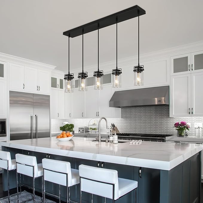 Pendant Lighting for Kitchen Island, Dining Room Light Fixture Black, 5-Light Hanging Linear Chandeliers with Clear Glass Shade Farmhouse Chandeliers for Dining Room(E26 Bulb Base)