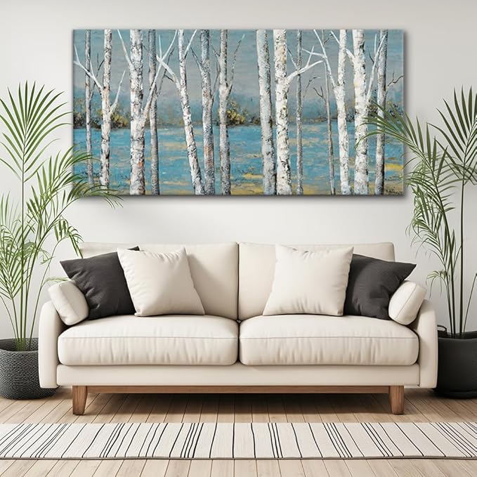 Country Birch Woods Wall Art for Living Room Office Navy Blue Forest Canvas Painting Prints Rustic Artwork Dining Room Bedroom Decor (20x40 Inches)