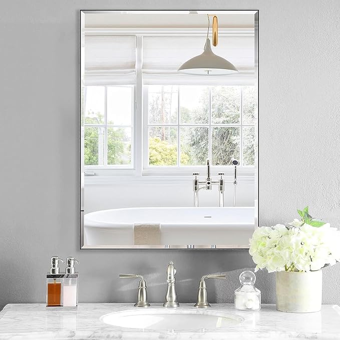 24x32 Inch Black Mirror with Beveled Trim, Aluminum Frame Bathroom Vanity Mirror, Modern Rectangular Wall Mounted Mirror