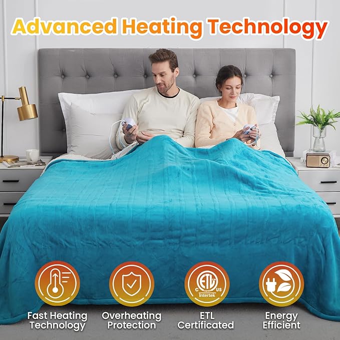 WOOMER Electric Heated Blanket King Size, Soft Flannel Fast Heating Blanket, Teal Color, 90"x 100", 10 Heating Levels & 0.5-12H Auto Off, Over-Heat Protection