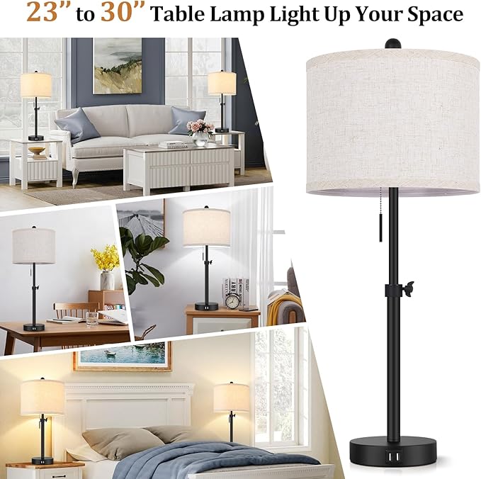 Adjustable Table Lamps for Bedroom Set of 2, 23''-30'' Height Adjusted Bedside Lamps with 2 USB Ports, Black Nightstand Lamps with Cream Linen Shade, Modern Industrial Living Room Lamp Set, Pull Chain