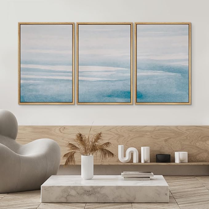 SIGNWIN 3 Piece Framed Canvas Wall Art Blue Sky Watercolor Nature Wilderness Illustrations Abstract Traditional Relax/Calm Home Artwork Decoration for Living Room,Bedroom - 24"x36"x3 Natural