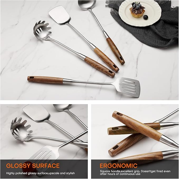 10 Pcs Cooking Utensils Set 304 Stainlss Steel Kitchen Utensils Set Heat Resistant Wooden Handle Kitchen Tools Metal Kitchen Utensil Soup Ladle Set, Dishwasher Safe