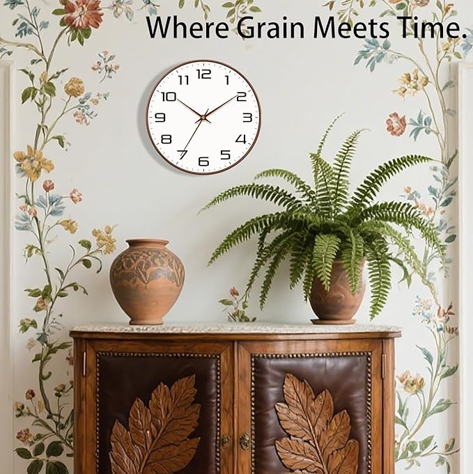 Woodgrain Wall Clocks Battery Operated 12 Inch, Large Easy-to-Read Silent Digital Wall Clock, Non Ticking Modern Vintage Analog Clock for Bedroom Living Room Bathroom Kitchen Office Gym,Brown