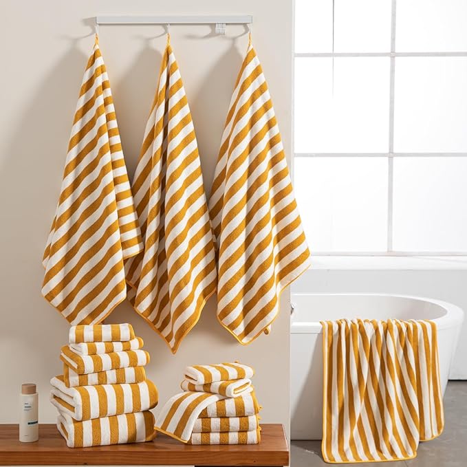 Oliven 18 Pcs Yellow Cabana Stripe Family Towels Set-6 Bath Sheets,6 Hand Towels,6 Washcloths Soft Jumbo Bathroom Towels Absorbent Shower Towel Quick Dry Beach Chair Towel Spa Gym Hotel Towel Set