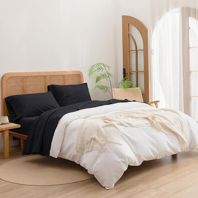BESTOUCH Sheet Set 100% Washed Cotton Linen Feel Super Soft Comfortable Chic Lightweight 4 Pcs Home Bedding Set Solid Deep Black King