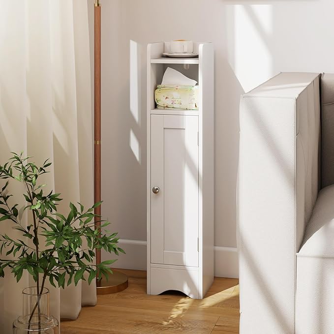 Tangkula Bathroom Storage Cabinet with Door, Toilet Paper Holder Stand with Adjustable Shelves & Open Compartment for Small Spaces, Narrow Freestanding Storage Organizer, 7 x 7.5 x 31.5 Inches (White)