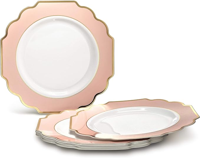 " OCCASIONS " 240 Plates Pack (120 Guests) Heavyweight Wedding Party Disposable Plastic Plates Set -120 x 10.5'' Dinner + 120 x 8'' Salad/Dessert Plate (Imperial in Blush & Gold)
