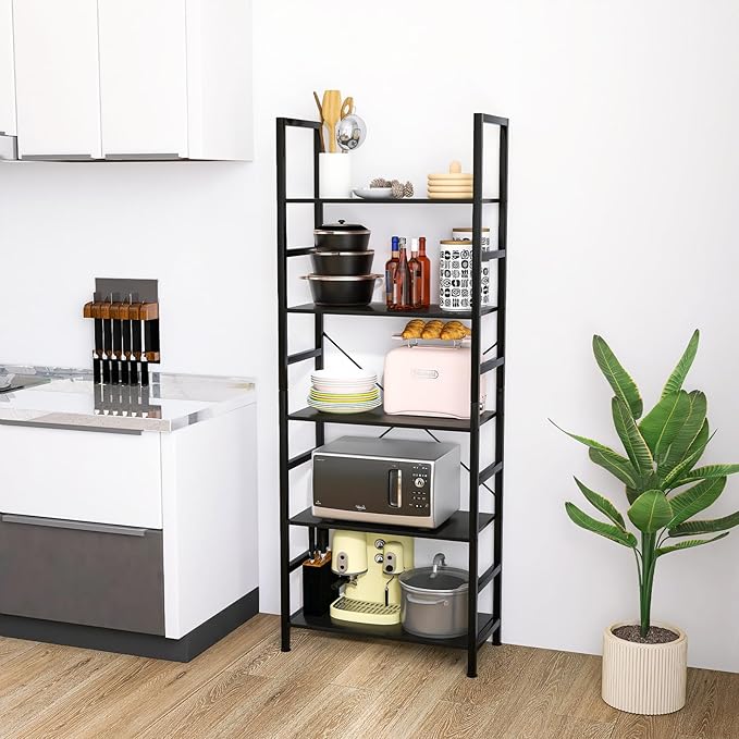 5 Tier Bookshelf Industrial Ladder Shelf Open Display Storage Rack Wood Bookcase with Metal Frame, Freestanding Storage Shelves for Home Office, Living Room, Bedroom, Kitchen (Black, 5-Tier)