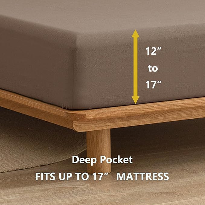 BESTOUCH Sheet Set 100% Washed Cotton Linen Feel Super Soft Comfortable Chic Lightweight 4 Pcs Home Bedding Set Solid Pine Bark Brown Full