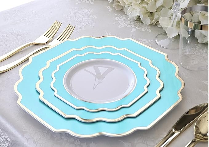 " OCCASIONS " 80 Plates Pack,(40 Guests) Heavyweight Premium Wedding Party Disposable Plastic Plates Set -40 x 10.5'' Dinner + 40 x 8'' Salad/Dessert (Imperial Aqua & Silver)