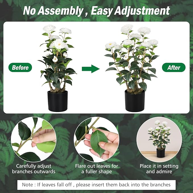 Romantic Season 2FT White Artificial Camellia Tree 2Pack, Faux Camellia Plant Fake Potted Camellia Flower Tree Plastic Camellia Tree for Modern Home Office Living Room Floor Décor