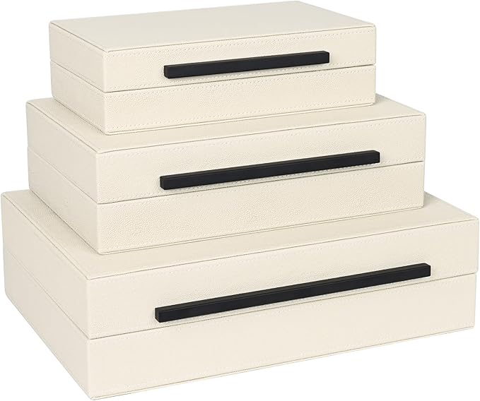 Beige Shagreen Decorative Box Set of 3 - Faux Leather Nesting Storage Boxes with Lids, Large Modern Jewelry Organizer, Stackable Home Decor Box for Bedroom, Bathroom & Office