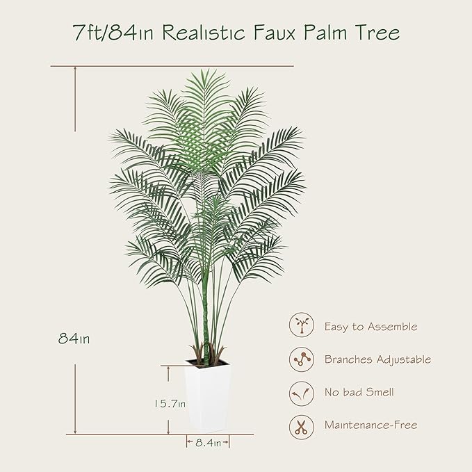 Bellacat 7ft UV-Resistant Faux Palm Tree with Tall White Decorative Planter, 84in Artificial Palm Tree for Home Office Porch Front Door Patio Decor
