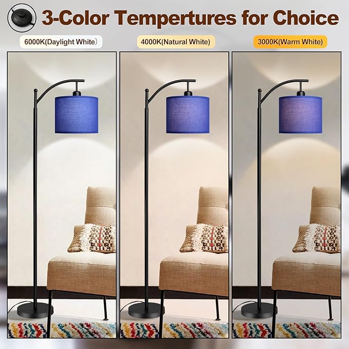 DLLT Arc Floor Lamp with 3 Color Temperatures, Standing Lamp with Linen Shade, Modern Tall Lamp for Living Room, Reading Floor Lights for Bedroom, 8W LED Bulb Included, Black with Blue Lampshade