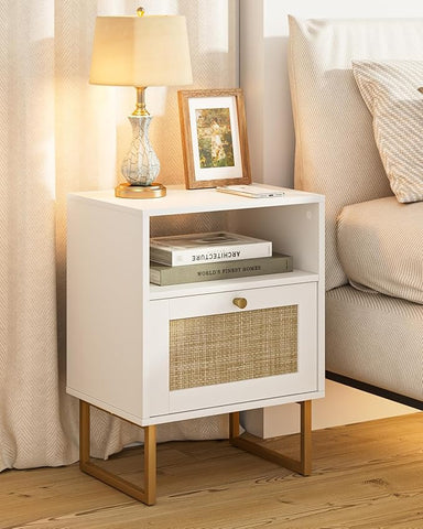 Rattan Nightstand, Boho Night Stand Farmhouse Wood Bedside Table with Storage and Open Shelf, End Side Accent Table for Bedroom,Living Room,White