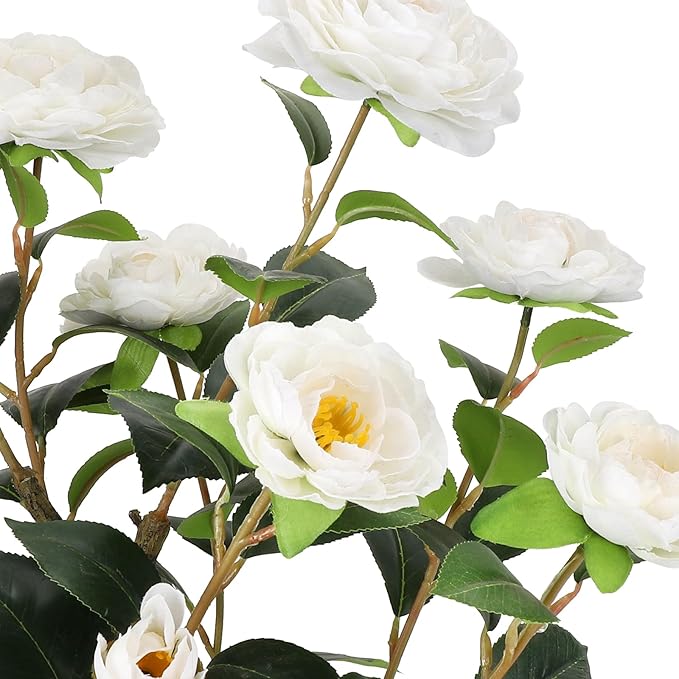Romantic Season 2FT White Artificial Camellia Tree 2Pack, Faux Camellia Plant Fake Potted Camellia Flower Tree Plastic Camellia Tree for Modern Home Office Living Room Floor Décor
