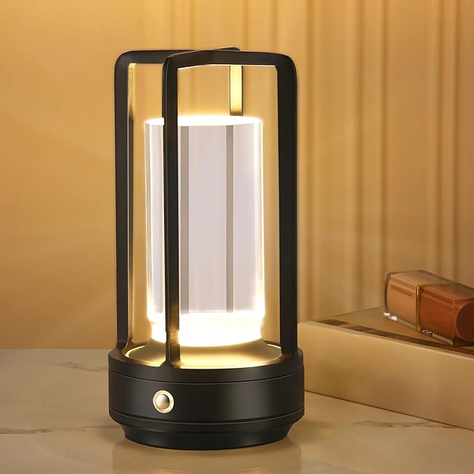 Portable Metal Table Lamp,Cordless Table Lamp, Rechargeable Battery Powered Portable LED Desk Lamp, 3 Color Stepless Dimming Touch, for Bedroom Restaurant Home Outdoor(Black)