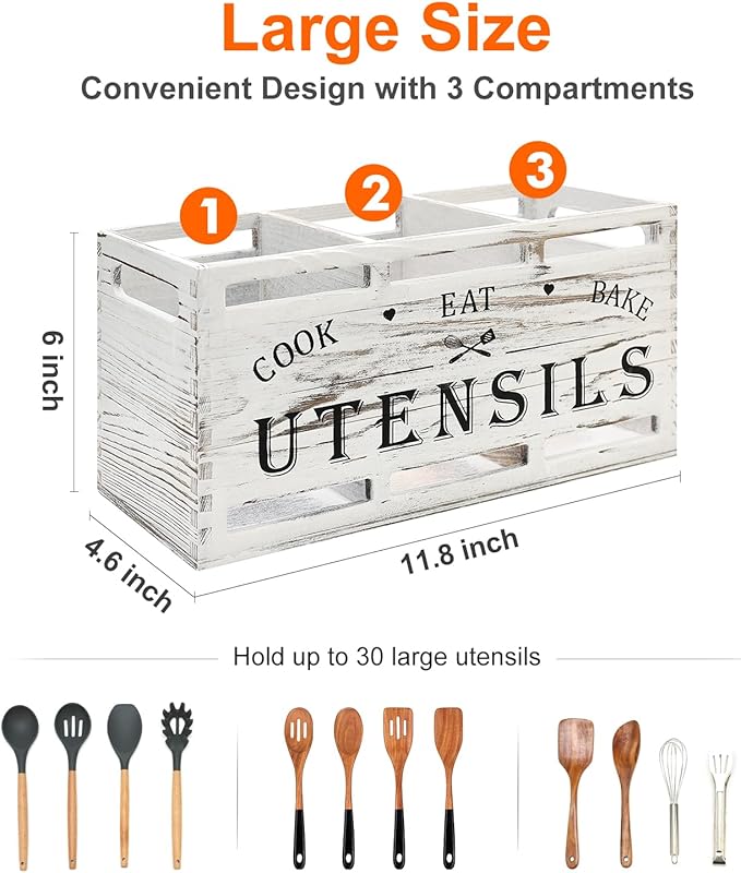 Large Utensil Holder for Kitchen Counter Farmhouse Spatula Holder Cooking Utensil Organizer Cutlery Caddy Spoon Kitchen Tools Holder (Retro White)
