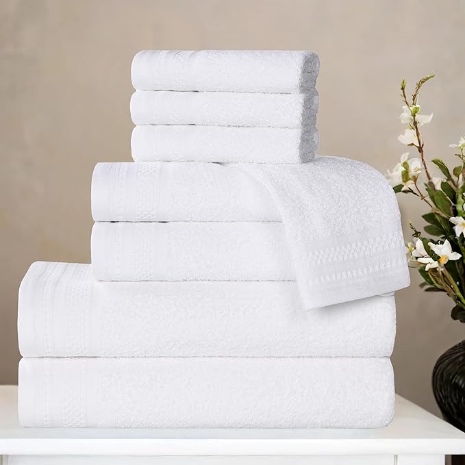 Superior Honeycomb Cotton Medium Weight Towels, for Guest Bath, Master Bathroom, Shower, Quick Dry, Adults, Home Essentials, Textured Waffle Border, Assorted Towel Set, 8 Piece Towel Set, White