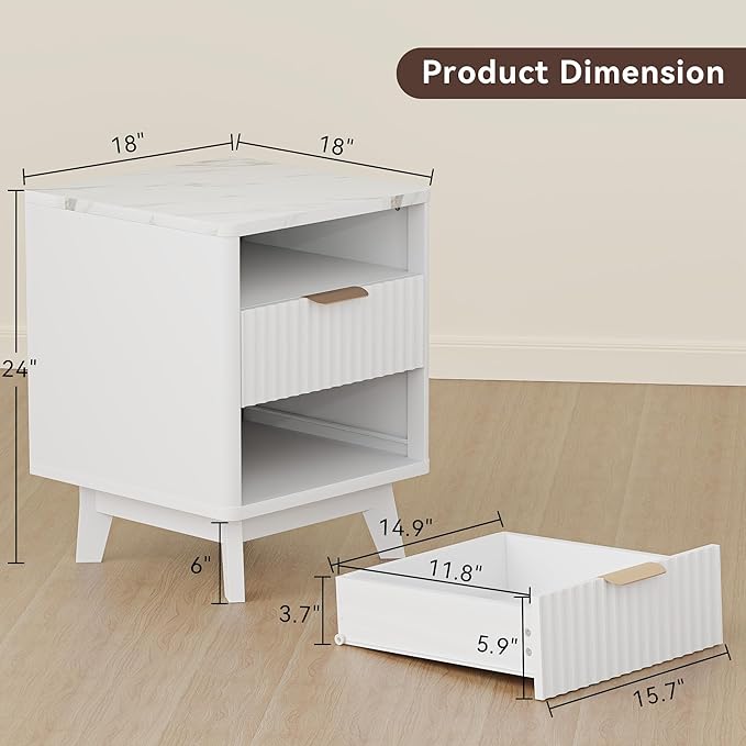 Fluted White Nightstand Set of 2, 18" Modern Bed Night Stand with Faux Marble Top, 2 Drawers, Open Storage Shelf, Living Room End Table, Curved Edge Bedside Table for Bedroom