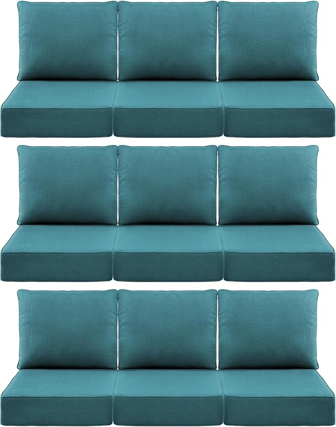 Luxury 6" Outdoor Cushions for Patio Furniture, 24x24x6 Thick Seat Cushion Set of 9, Fade Resistant Couch Chair Replacement Cushions High Density Deep Wicker Chair Cushion w/Removable Cover, Green