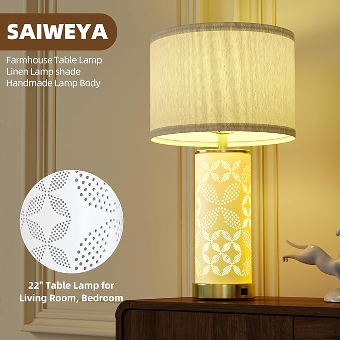 22'' Modern Ceramic Table Lamps Set of 2, Bedside Lamps with Hollow-Out Ceramic Design,USB A+C & 3 Color Temperature, Lamps for Night Stands with Night Light for Living Room and Bedroom(with 2 Bulbs)