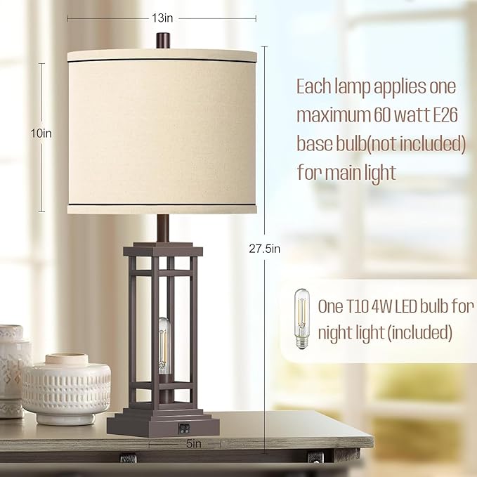 ROTTOGOON 27.5 Tall Farmhouse Table Lamp with USB C + USB A Charge Ports, Rustic Living Room Lamp, Black Industrial End Table Lamp for Bedroom Living Room Nightstand (Oil-Rubbed Bronze)