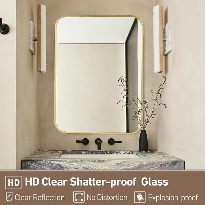 FARMER 30x36 Inch Matte Gold Bathroom Mirrors for Wall, Brushed Bathroom Vanity Mirror with Rounded Edge, Metal Framed Rectangle Mirrors for Bathroom or Living Rooms, Hangs Horizontally or Vertically