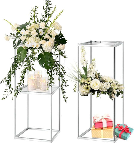 2-Tier Metal Flower Stand Set with Acrylic Shelves, Geometric Display Rack for Wedding Centerpieces, Party Decor, Tall Floor Vase Stand (Silver, 2 Pcs-25)