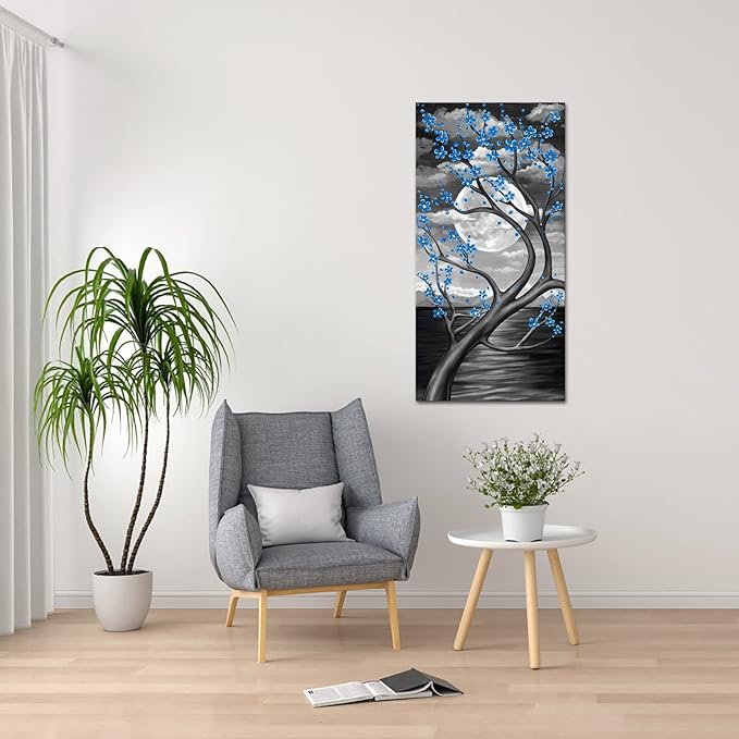 KREATIVE ARTS Blue Flower Tree Wall Art for Bedroom Cherry Blossom Tree in Full Moon Night Landscape Canvas Prints Artwork for Home Wall Decoration Ready to Hang Vertical 20x40inch (Blue)