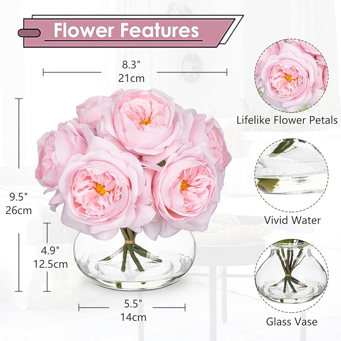 Hollyone Pink Roses Peonies Artificial Flowers with Glass Vase Silk David Austin Roses Faux Flowers Arrangements with Clear Faux Water in Vase Fake Peonies Rose Peony Floral Bulk Bouquet Home Decor