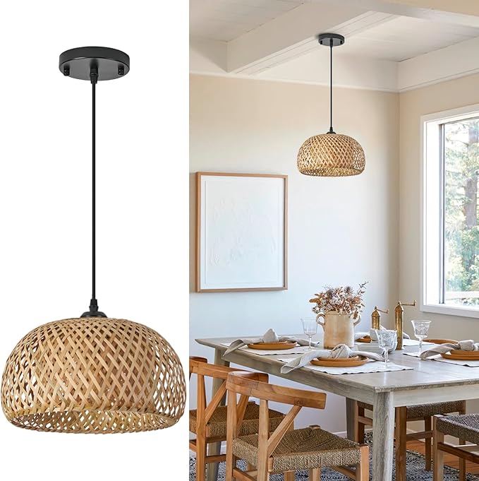 TERLEENART Bamboo Pendant Light,1pcs Boho Round Basket Chandelier Handmade Woven Pendant Light, Natural Bamboo Rattan Hanging Chandelier for Kitchen Island Dining Room Living Room Porch