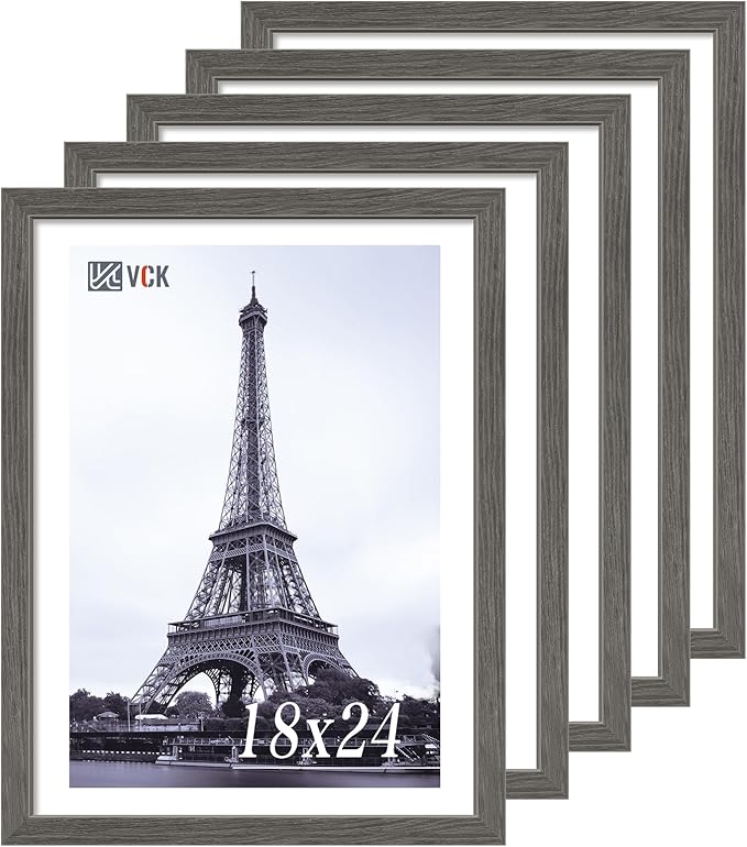 VCK 18x24 Frame Set of 5, Gray Solid Wood Poster Picture Frame, Exclusive Wood Grain, Wall Gallery Frame