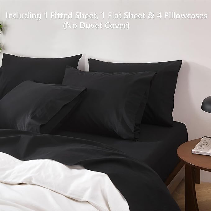 100% Cotton 6-Piece King Size 108" x 102" Bedding Set - Fitted Sheet, Flat Sheet & 4 Pillowcases with 17" Deep Pocket,Soft Breathable Bed Sheets for Cozy Sleep,Black