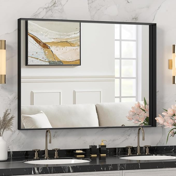 DENRICK 20X36 Wall Mounted Large Bathroom Mirror Black Bathroom Rectangular Vanity Mirror Matte Black Wall Mirror Metal Framed Farmhouse Mirrors Aluminum Frame Modern Rectangle Mirrors