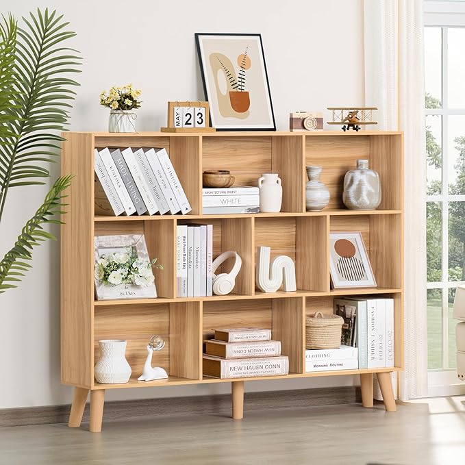 LEYAOYAO 10 Cube Bookshelf,3 Tier 55.12" Wide Boho Bookcase with Legs,Mid-Century Wood Bookshelves Storage,Natural Large Book Case,Freestanding Organizer Display Shelf for Bedroom,Living Room,Office