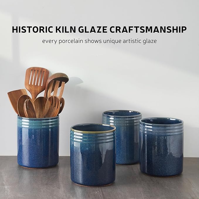 DOWAN 7.2" Kitchen Utensil Holder, Extra Large Farmhouse Utensil Holders for Countertop, Ceramic Utensil Crock, Anti Slip Cork Bottom (Multicolor, 7.2 Inch)