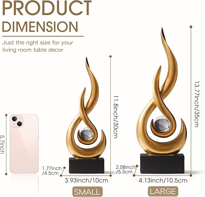 FJS Gold Decor Modern Flame Statue Home Decorations for Living Room, 11.8" H Shelf Decor Accents, Abstract Art Resin Sculpture for Dining Room Office Coffee Table Centerpiece